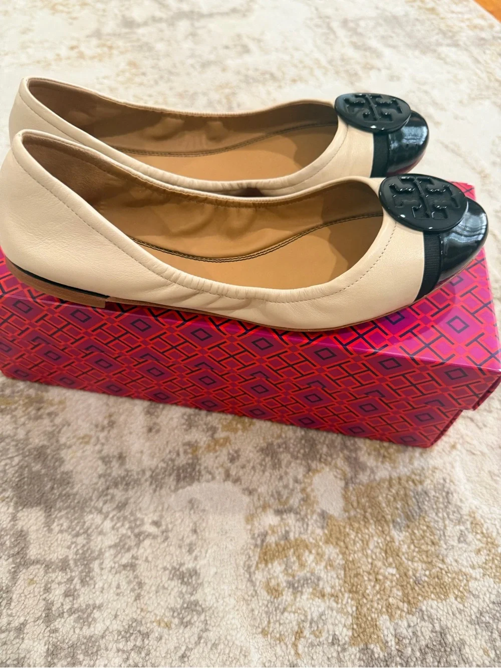 Tory Burch Two-Tone Cream Leather Ballet Flats with Black Patent Cap Toe